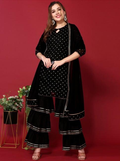 skylee black polka dots kurta sharara set with dupatta