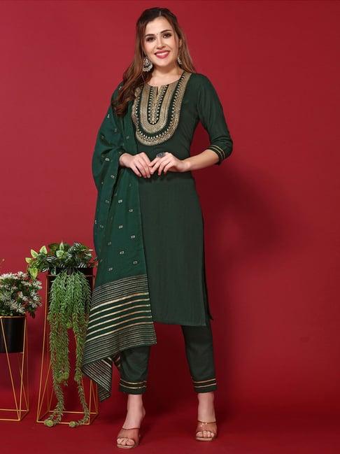 skylee bottle green embroidered kurta pant set with dupatta