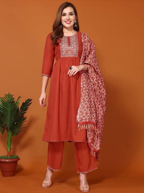 skylee orange embroidered kurta pant set with dupatta