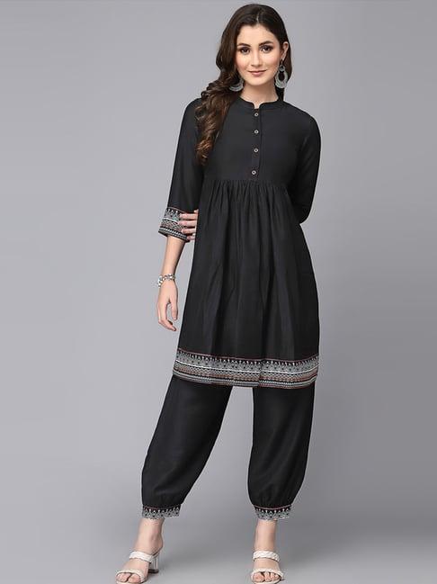 skylee black printed kurta pant set