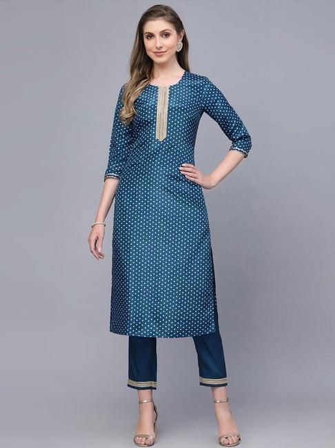 skylee teal blue printed kurta pant set