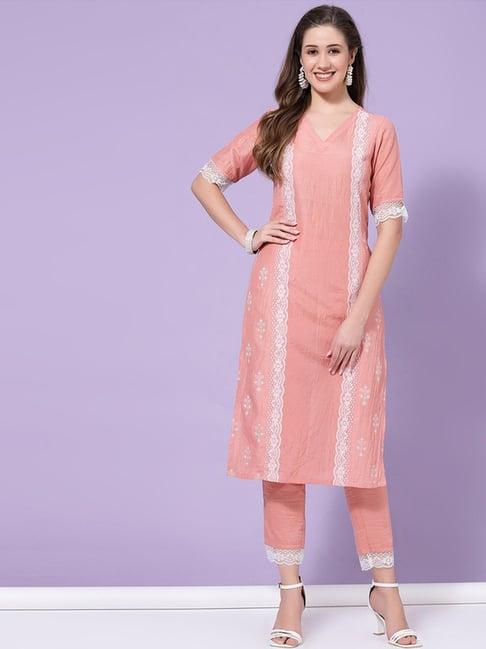 skylee peach floral print kurta pant set