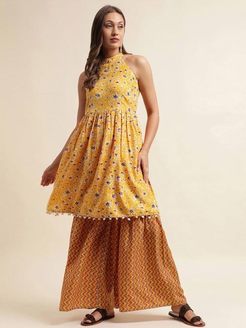 skylee yellow floral print kurta sharara set