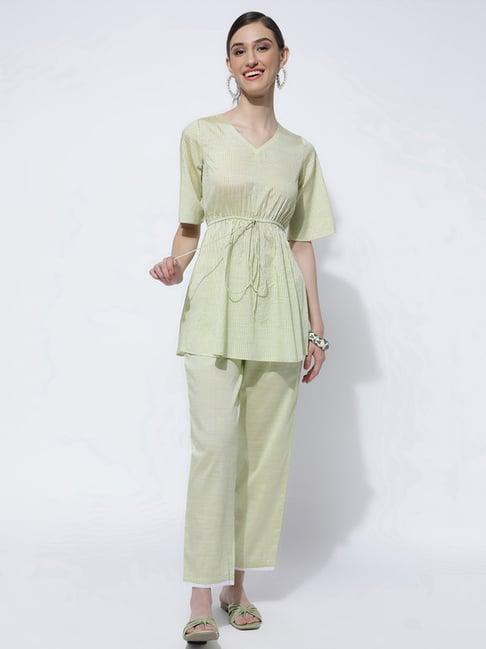 skylee green striped kurti pant set