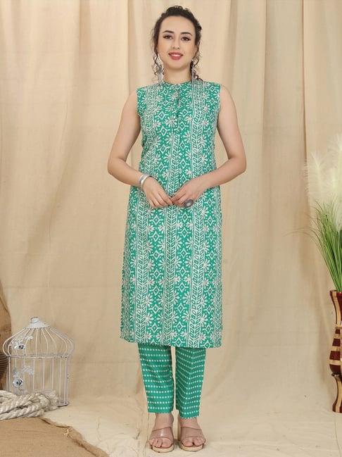 skylee green printed kurta pant set