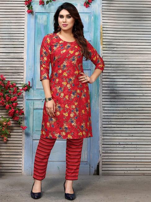 skylee red floral print kurta pant set