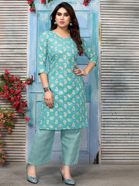 skylee turquoise printed kurta pant set