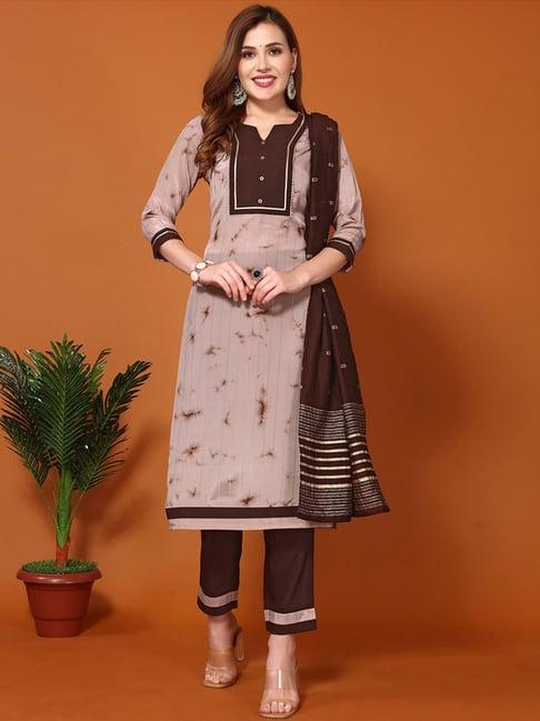 skylee pink & brown printed kurta pant set with dupatta