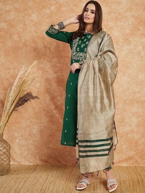 ramas green & beige embroidered kurta salwar set with dupatta