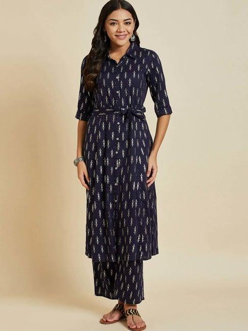 ramas navy cotton printed kurta palazzo set