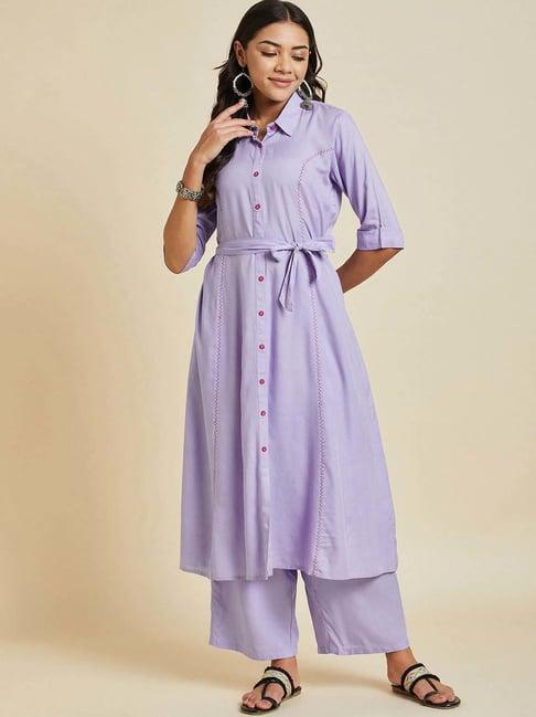 ramas lilac cotton embroidered kurta palazzo set