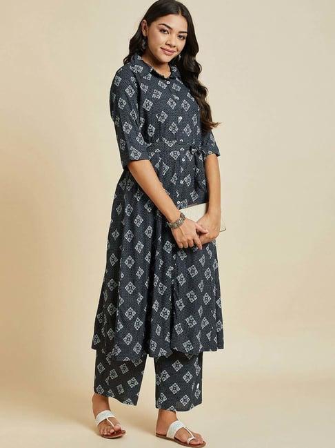 ramas grey floral print kurta palazzo set