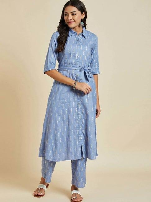 ramas blue cotton printed kurta palazzo set