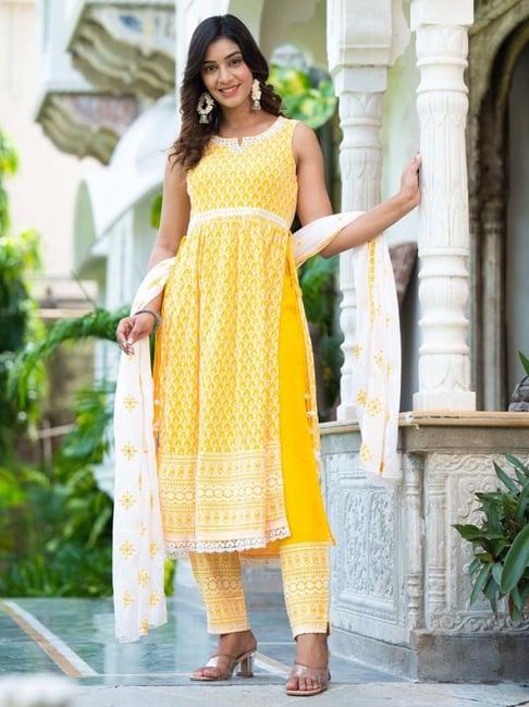 ramas yellow cotton embroidered kurta pant set with dupatta