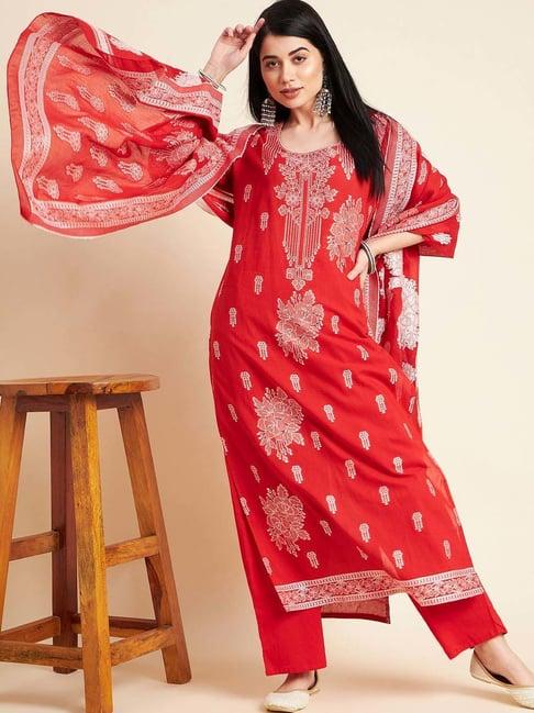 ramas red printed kurta palazzo set with dupatta