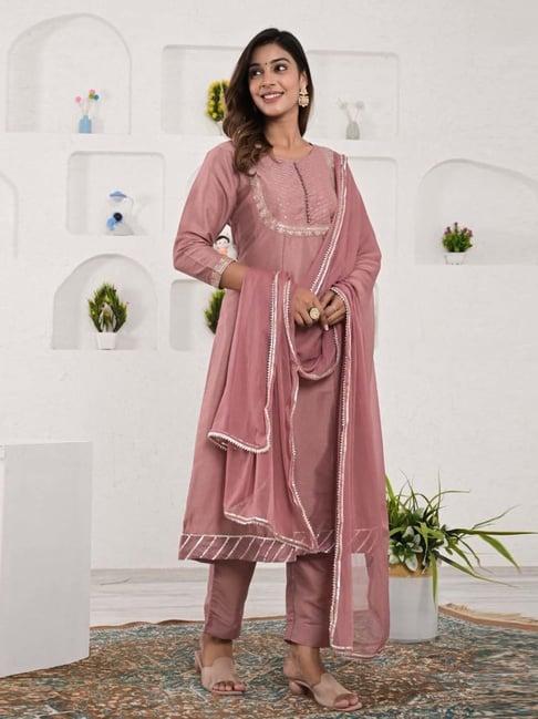 ramas dusty pink embroidered kurta palazzo set with dupatta