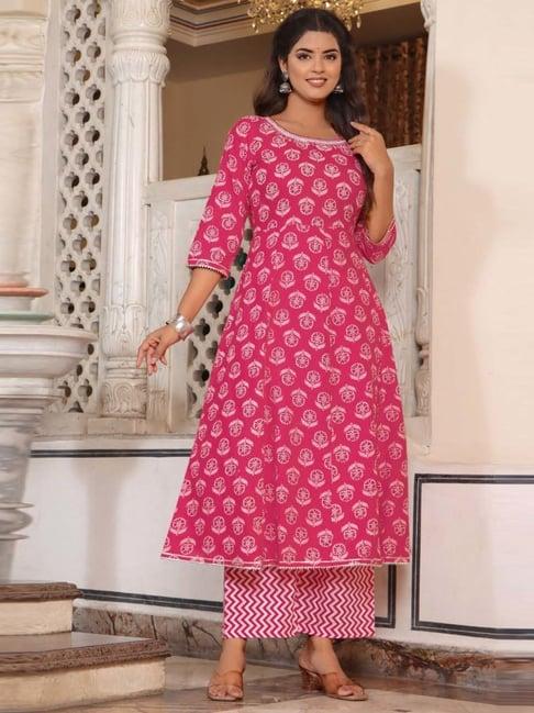 ramas pink cotton embroidered kurta palazzo set with dupatta