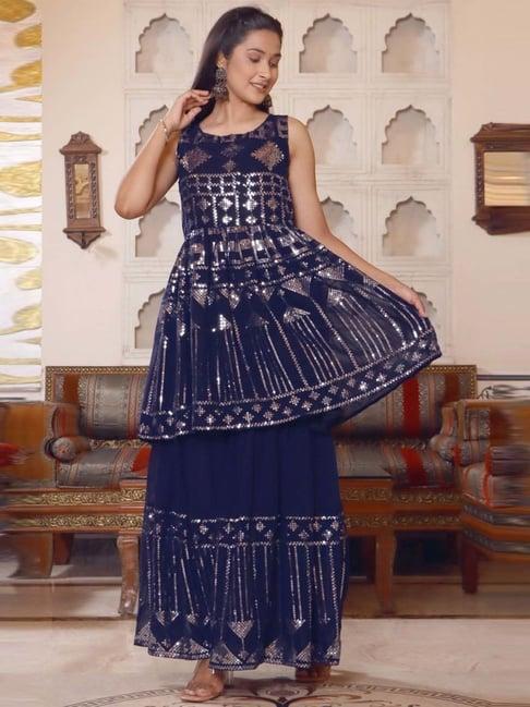 ramas blue embellished kurta sharara set with dupatta