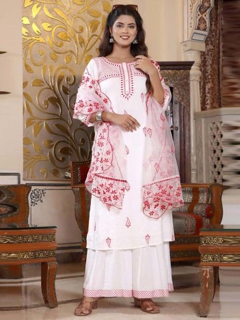 ramas white & red embroidered kurta sharara set with dupatta