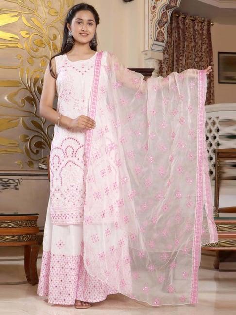 ramas white & pink cotton embroidered kurta sharara set with dupatta