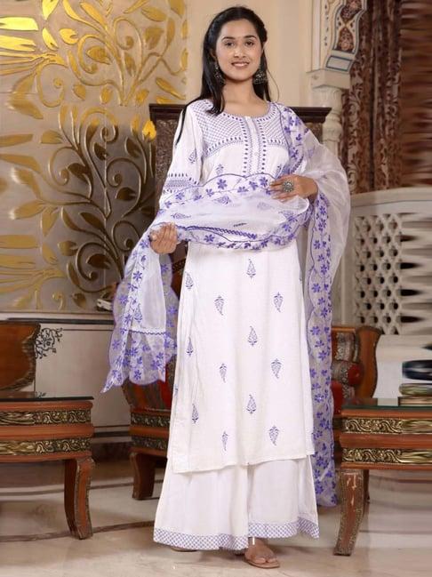 ramas white & blue embroidered kurta sharara set with dupatta