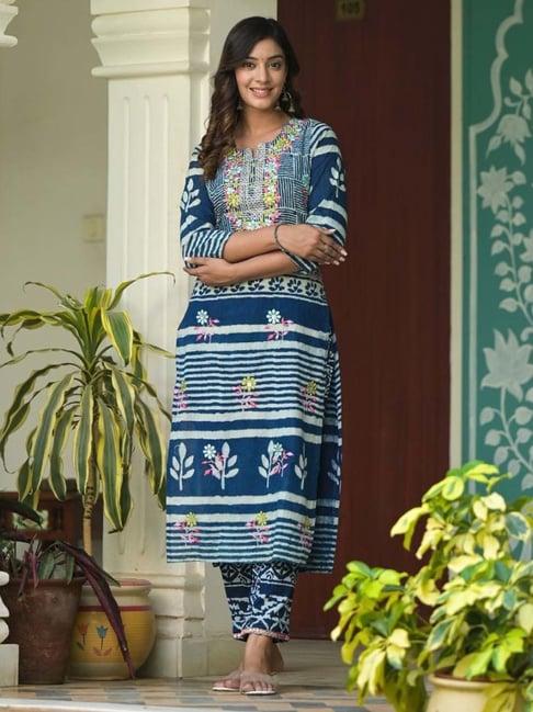 ramas blue cotton embroidered kurta palazzo set