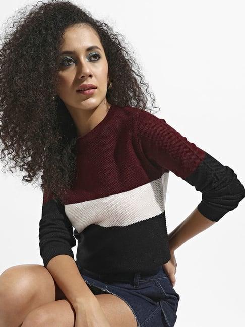 campus sutra maroon & black color-block sweater