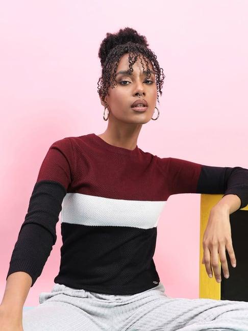 campus sutra maroon & black self pattern sweater