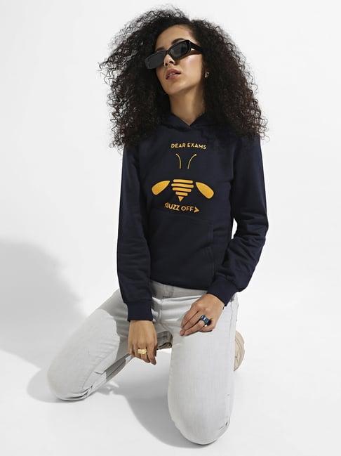 campus sutra navy cotton printed sweatshirt