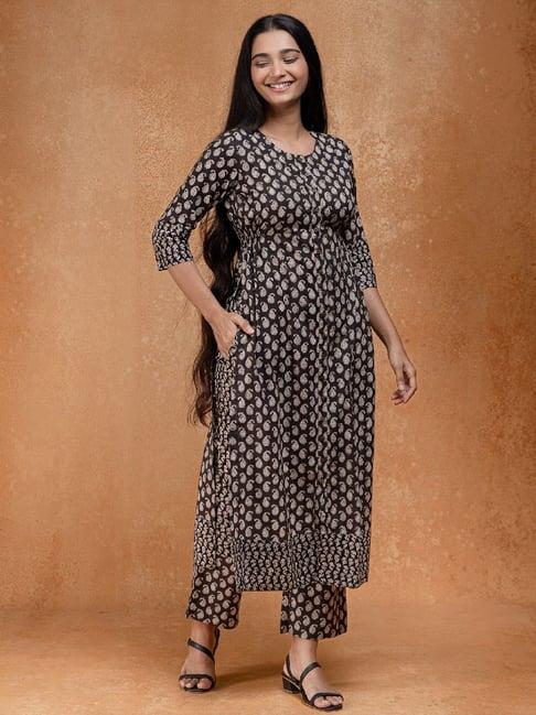 okhai black printed pure cotton kurta pant set