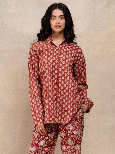 okhai red printed pure cotton shirt