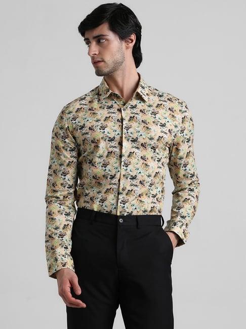 jack & jones antique gold cotton slim fit printed shirt