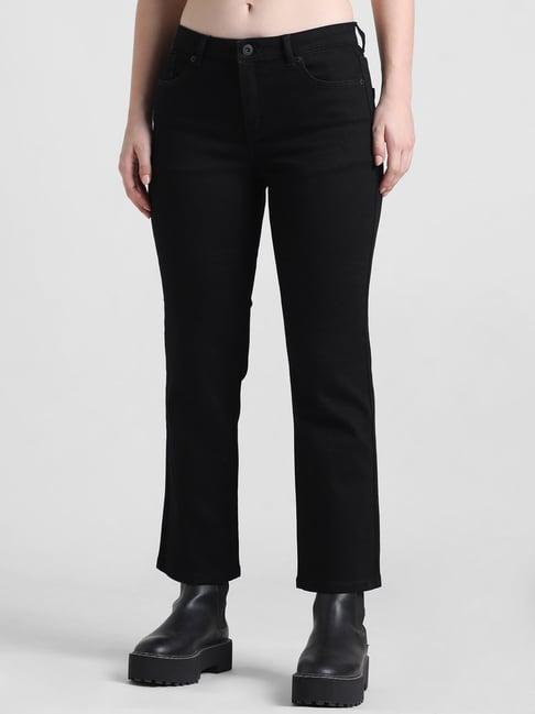 only black cotton flared fit mid rise jeans