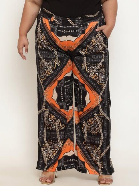 amydus black & orange printed flared fit high rise pants