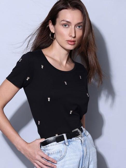 vero moda black cotton embroidered t-shirt