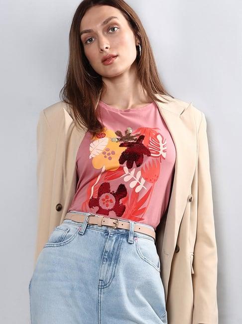 vero moda pink cotton embellished t-shirt