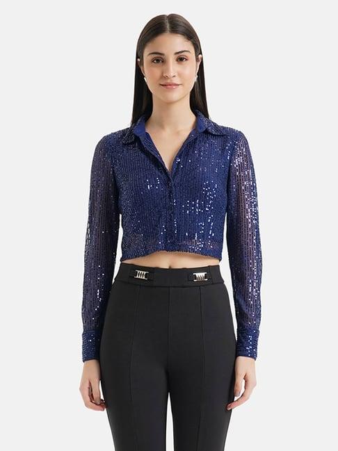 kazo navy embellished crop shirt