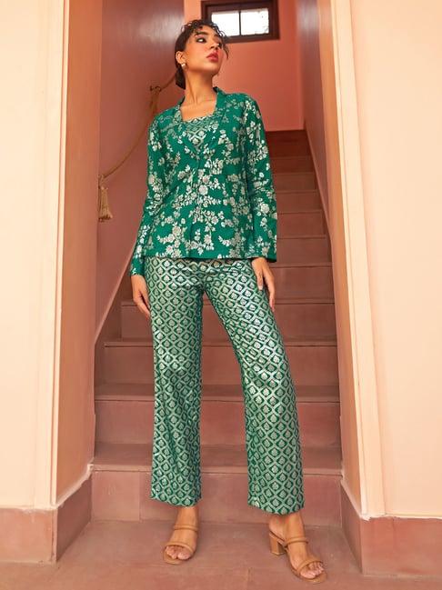 janasya green floral top with pants & jacket