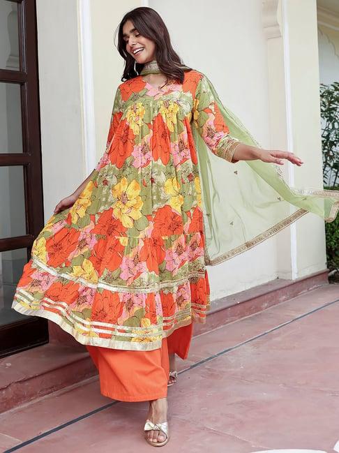 janasya multicolor cotton floral print kurta with palazzo & dupatta