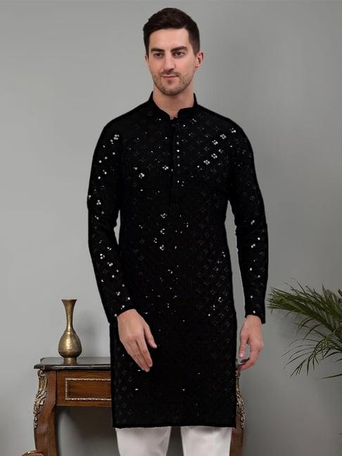 jompers black regular fit chikankari embroidered kurta