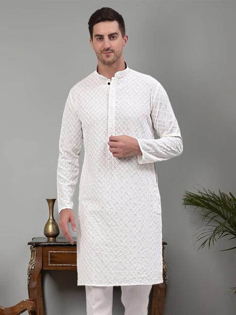 jompers white regular fit chikankari embroidered kurta