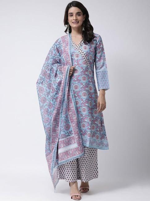 hangup blue printed kurta palazzo set with dupatta