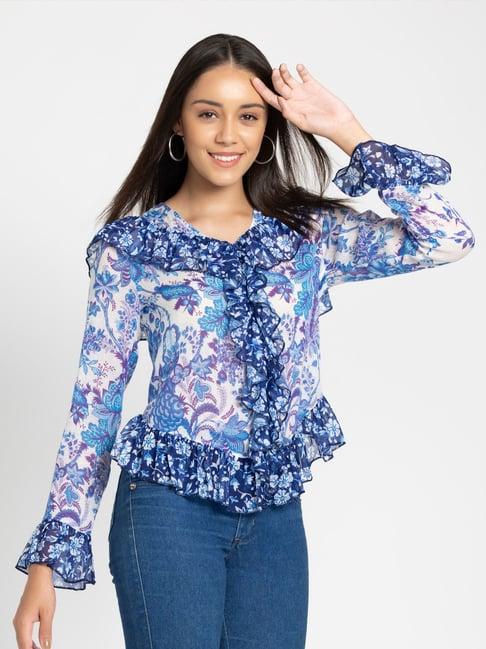 shaye blue & white cotton floral print top