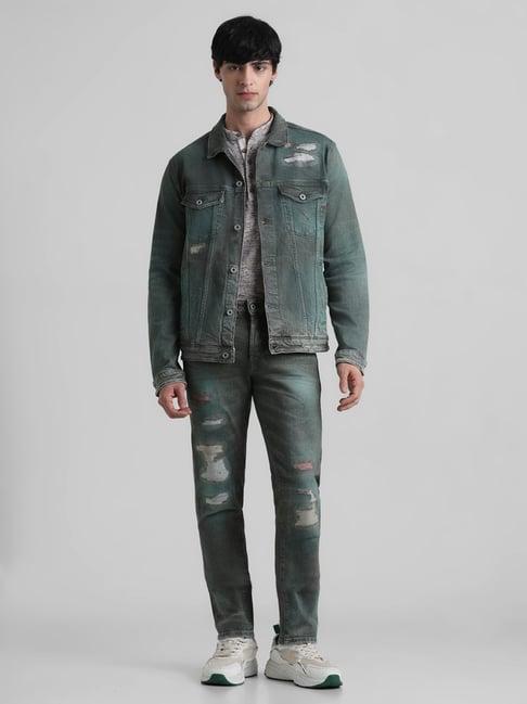 jack & jones light olive regular fit distressed denim jacket