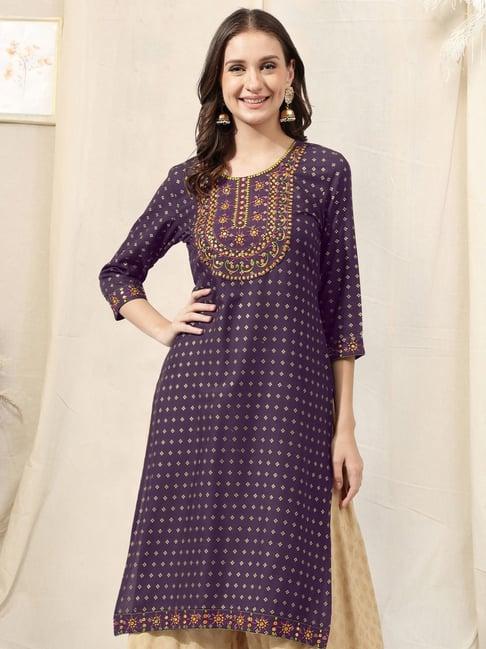 mirchi fashion purple embroidered straight kurta