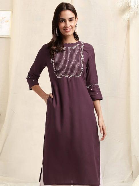 mirchi fashion purple embroidered straight kurta