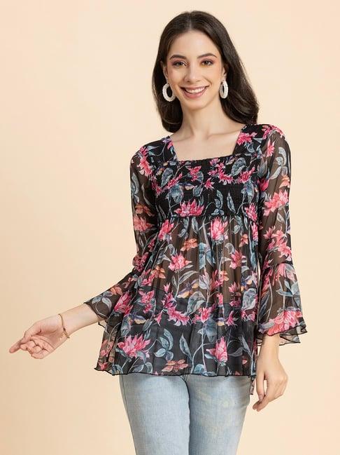 moomaya black & pink floral print top