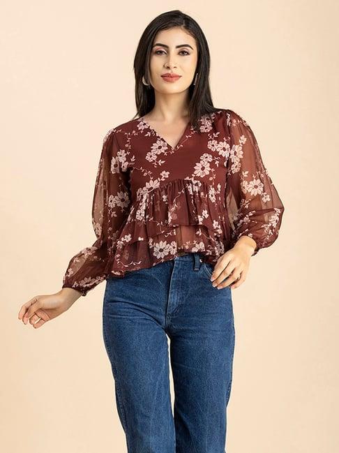 moomaya brown floral print crop top