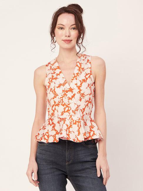 moomaya orange & beige floral print peplum top