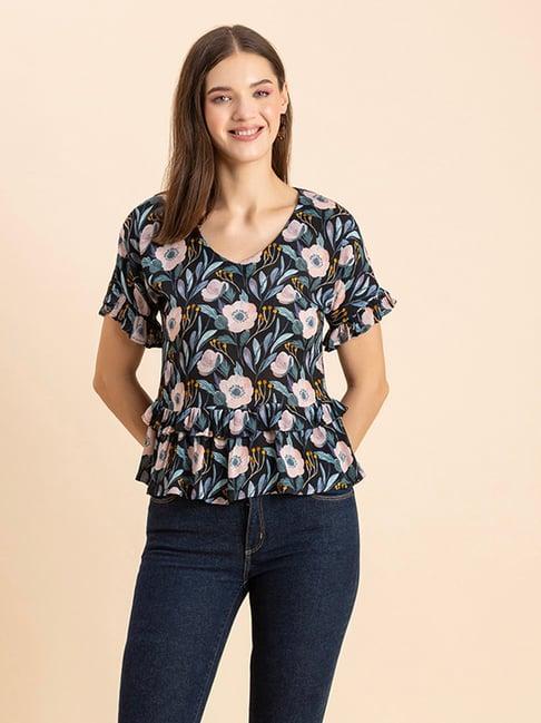 moomaya black floral print top